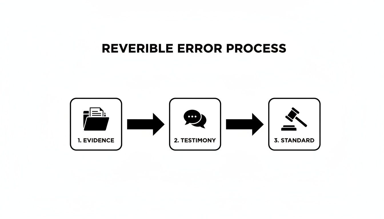 A three-step diagram illustrates the Reversible Error Process: 1. Evidence, 2. Testimony, and 3. Standard.