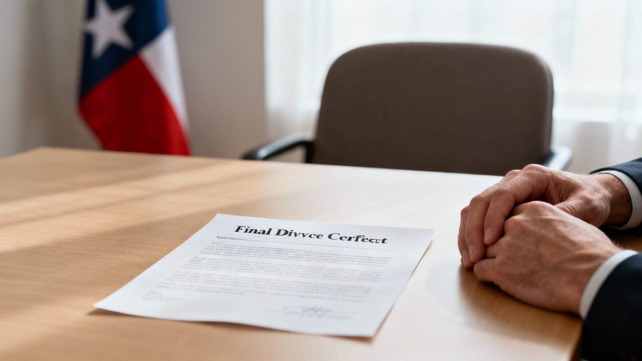 Person reviewing final divorce decree document on desk with Texas flag in background