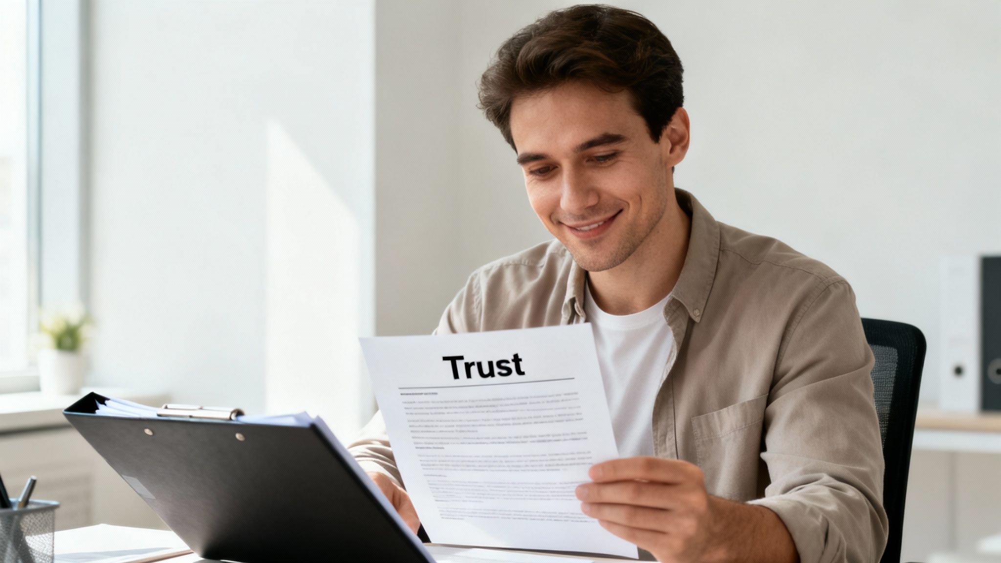 Smiling man reading a trust document, emphasizing the importance of understanding beneficiary rights in trust administration.
