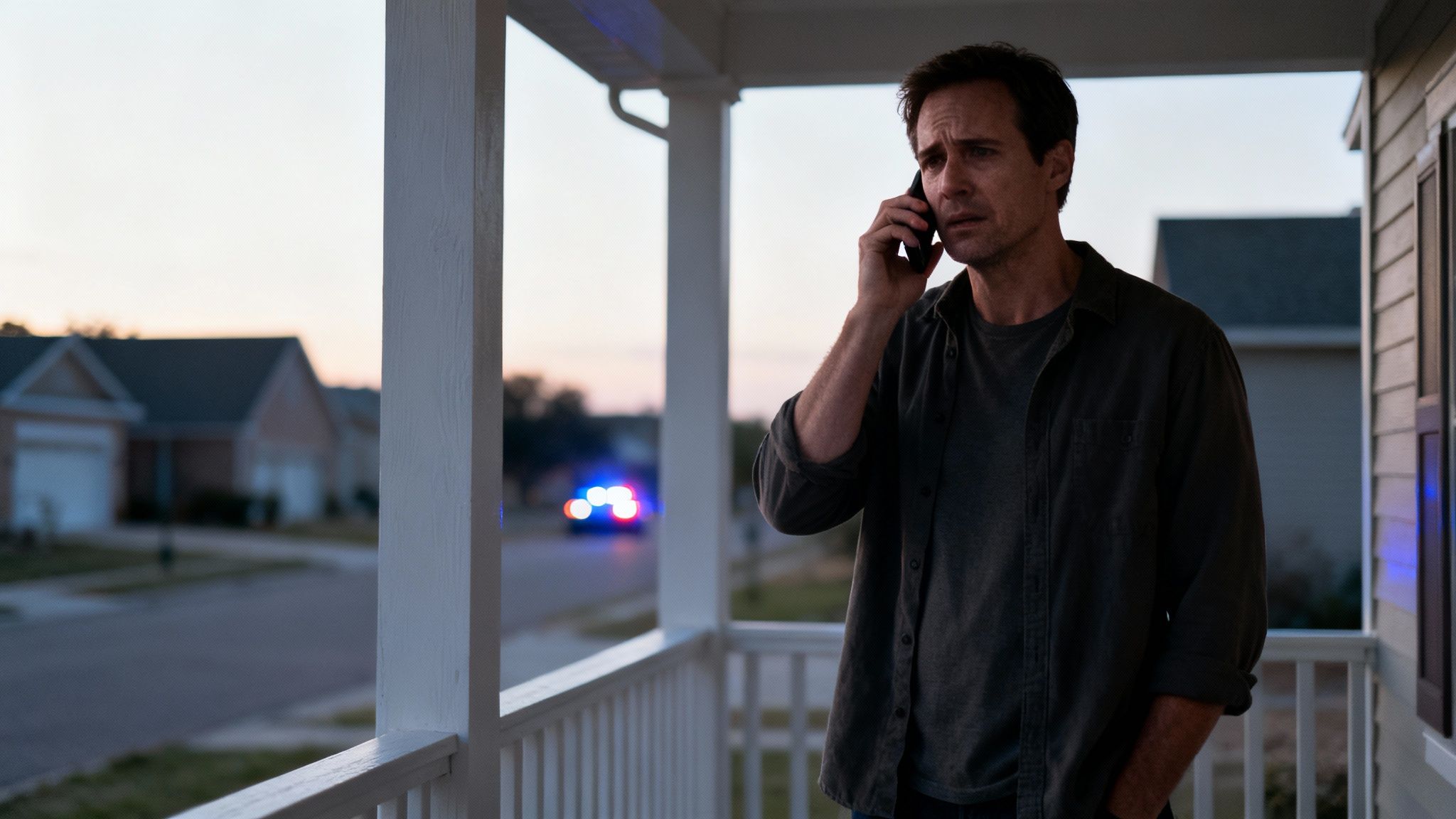 A concerned man speaks on his phone on a porch, with a police car in the background.