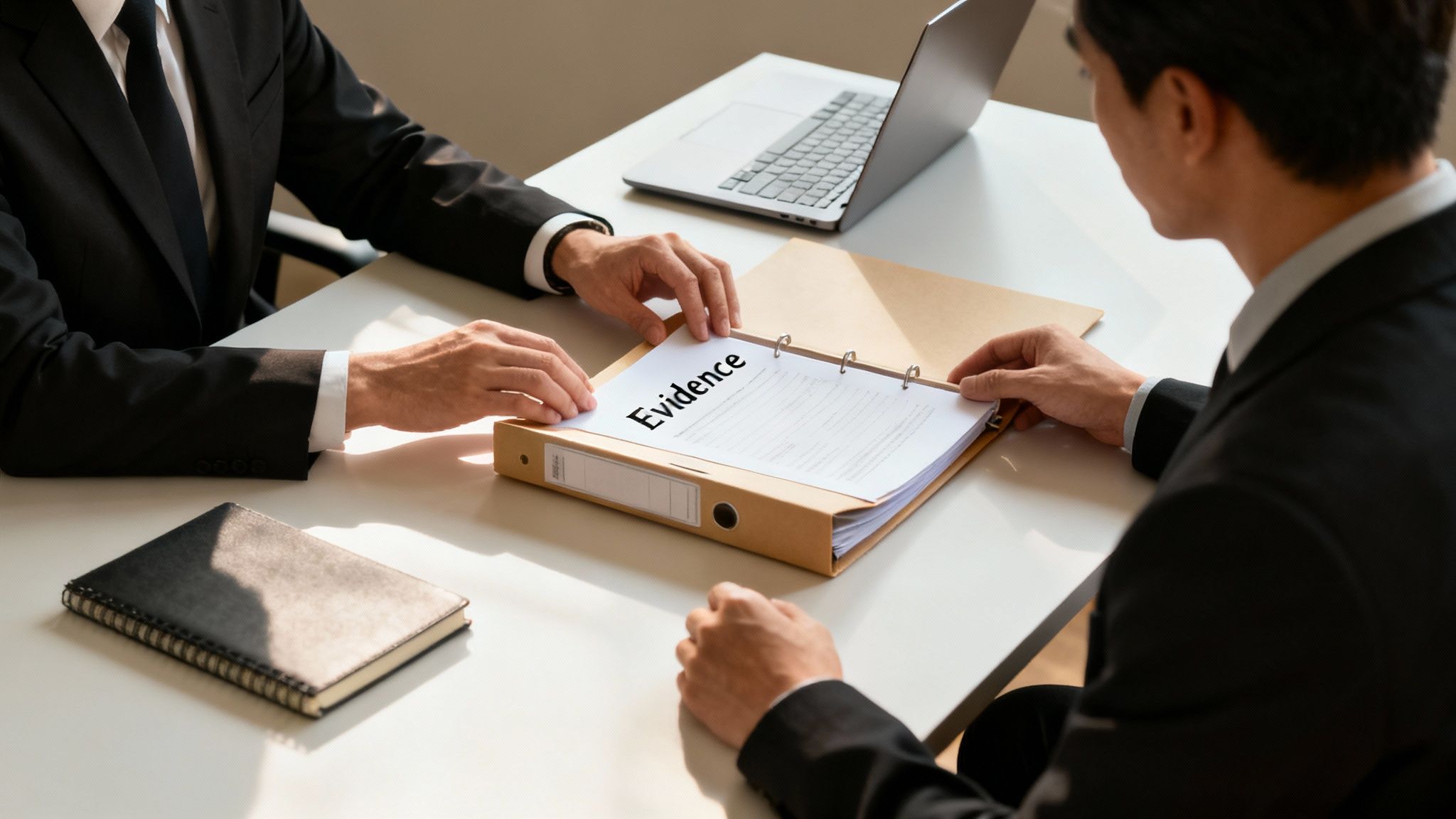 Two legal professionals review a binder labeled 'Evidence' on a desk with a laptop and notebook.