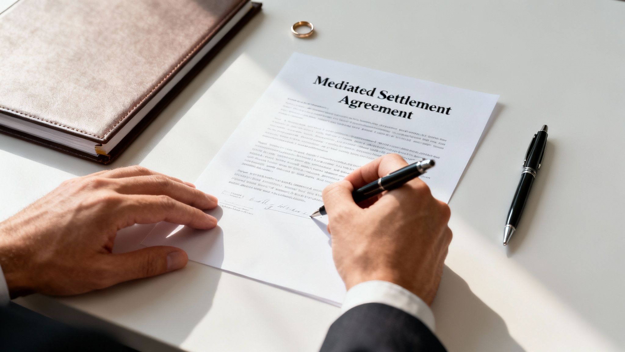 A person's hands signing a 'Mediated Settlement Agreement' document with a pen on a white table.