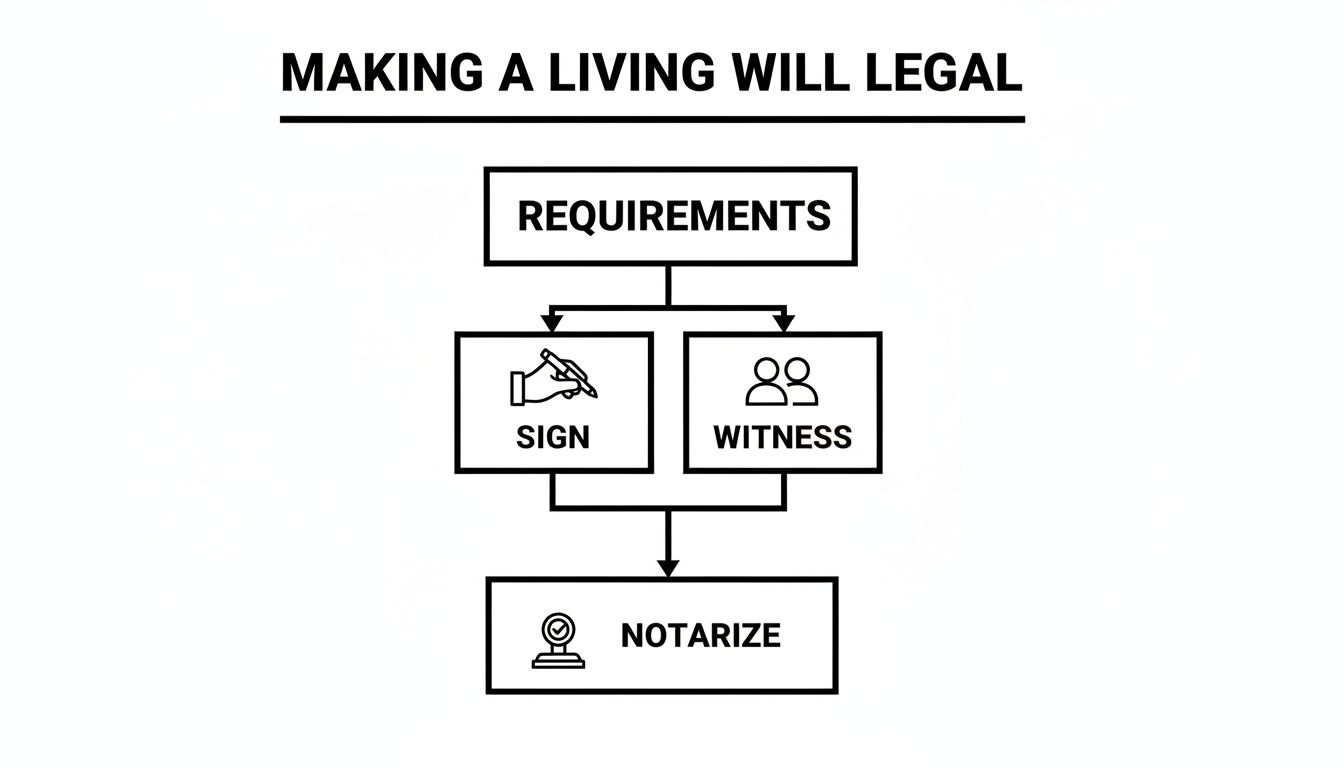 Flowchart illustrating the steps for making a living will legal in Texas, including requirements to sign, witness, and notarize the document.