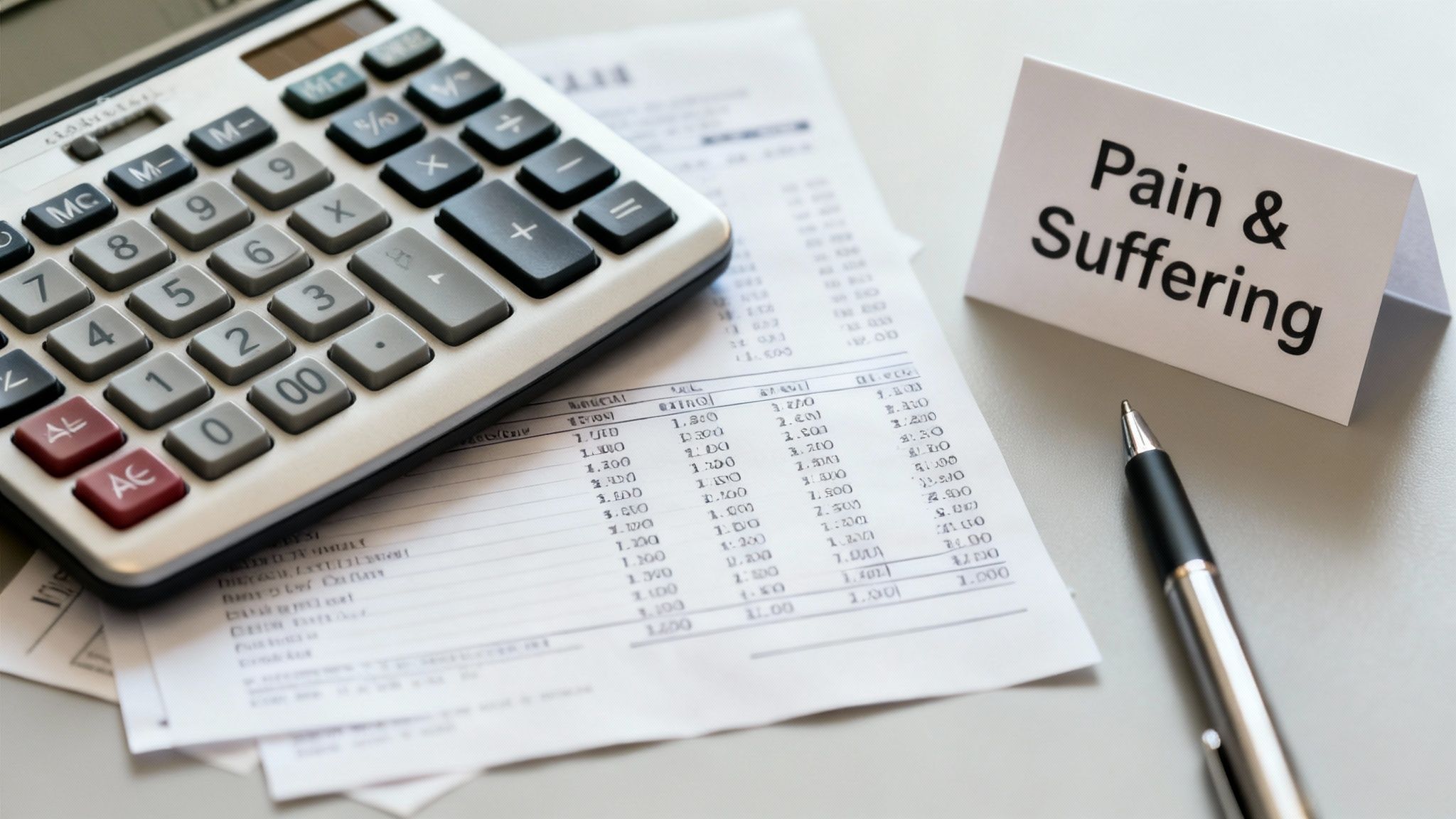 A calculator, financial papers, a pen, and a card reading 'Pain & Suffering' on a desk.
