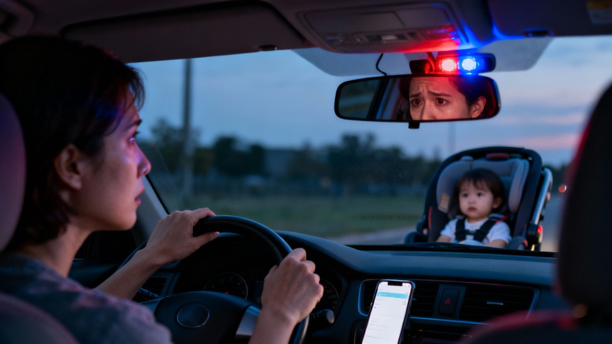 A distressed woman driving a car sees flashing police lights and a baby in the rearview mirror.