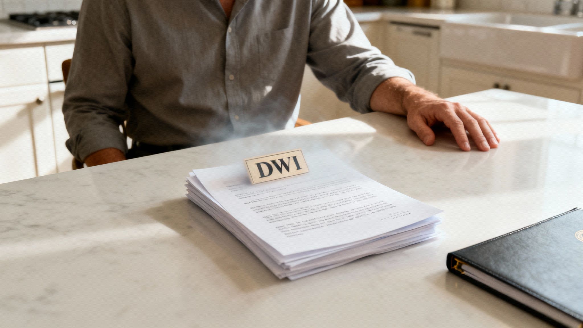 A man sits at a white marble kitchen table with a stack of DWI documents and a notebook.