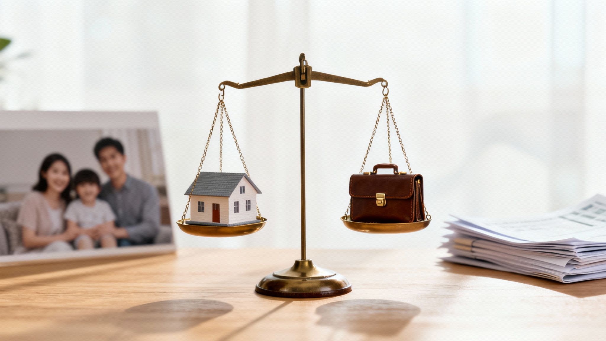 A brass scale balances a miniature house and a briefcase, with a blurred family photo in the background.