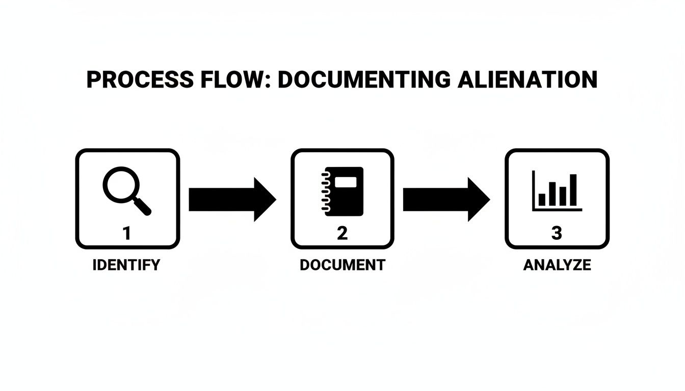 A process flow diagram illustrating three steps to documenting alienation: Identify, Document, and Analyze.