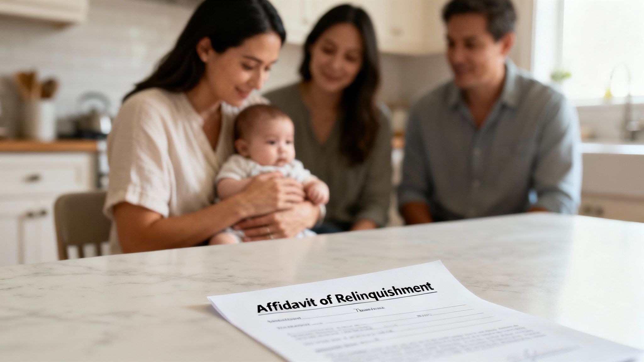 A document titled "Affidavit of Relinquishment" on a table, with a family and baby blurred in the background.