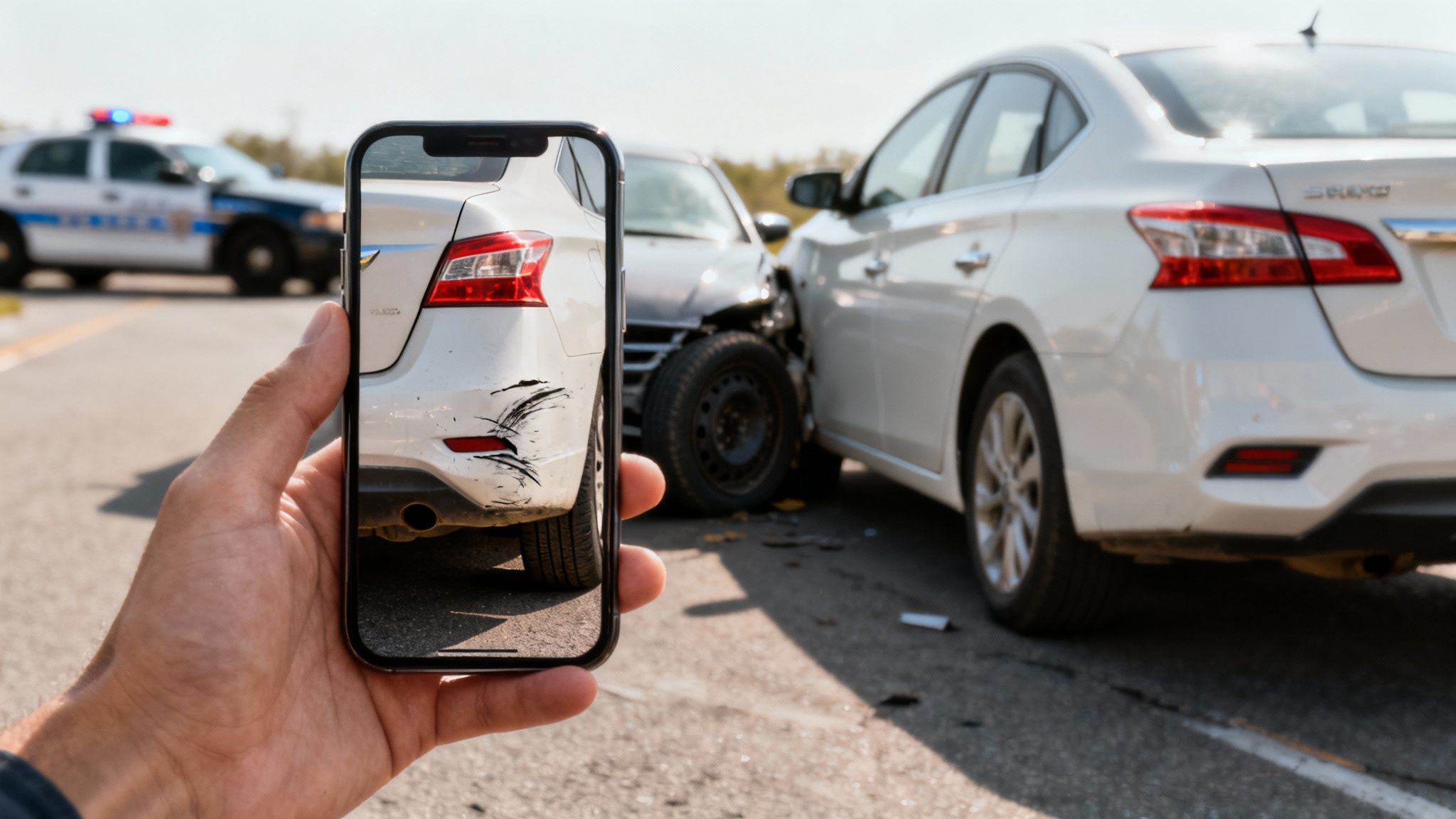 Person takes a photo of a white car's damaged rear bumper after a rear-end accident.