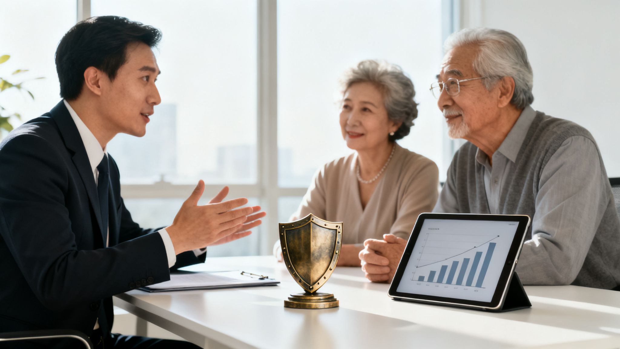 A financial advisor discusses financial planning and protection with an elderly Asian couple, showing growth.