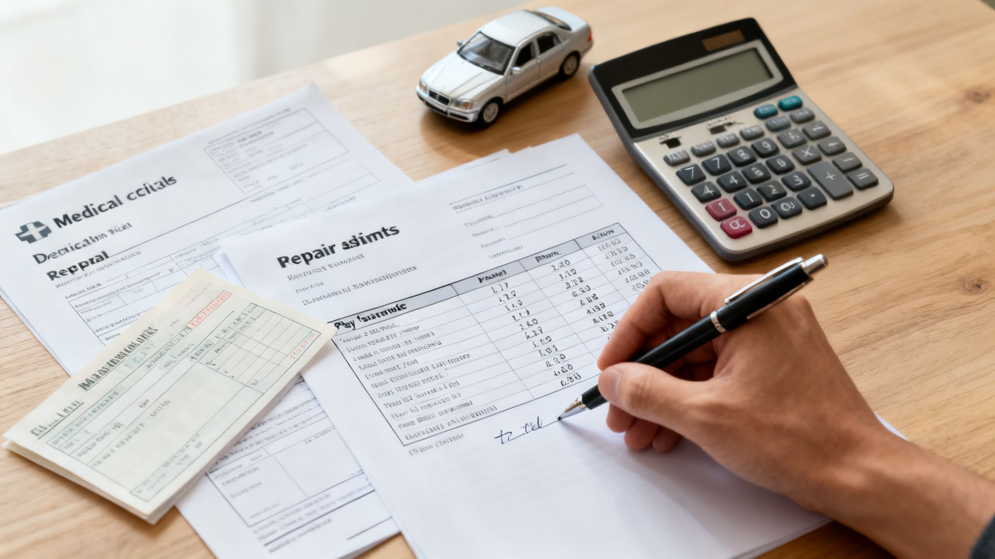 A person's hand calculates repair and medical costs on a desk with a calculator and toy car.