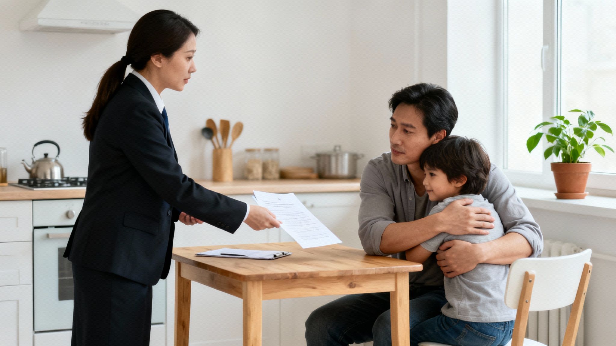 A woman in a suit gives documents to a man holding a child in a kitchen.