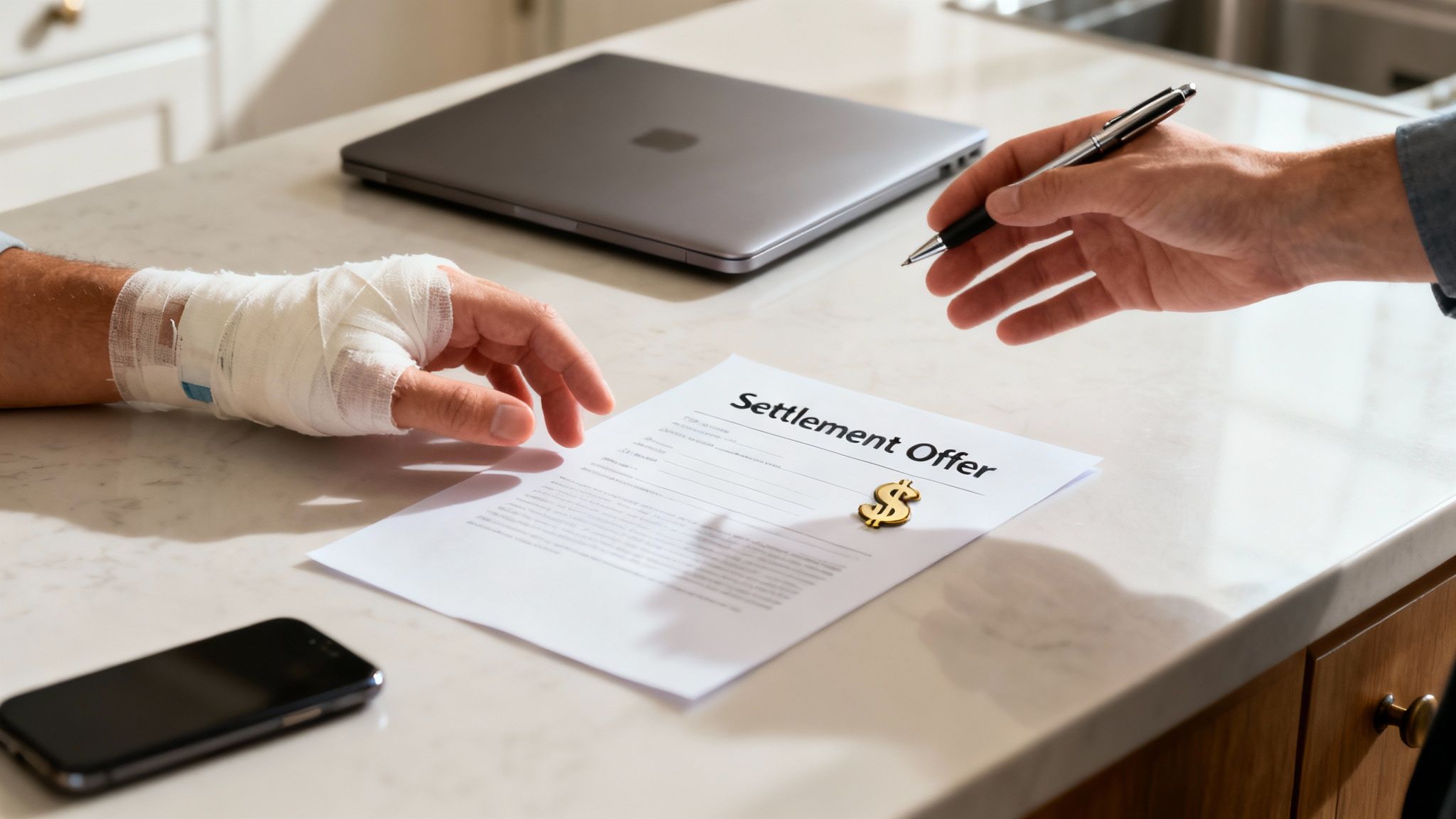 A person reviewing a settlement offer document with a concerned expression.