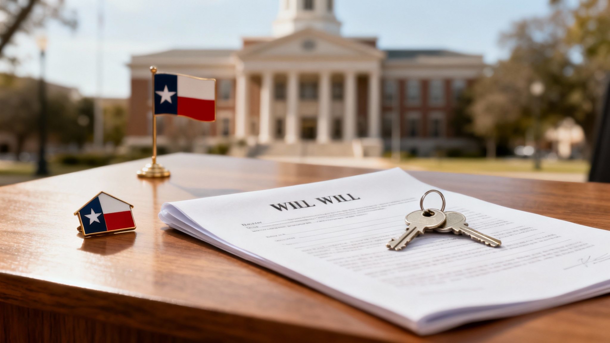 Texas flag, house pin, keys, and "Will Will" document on a table with a courthouse.