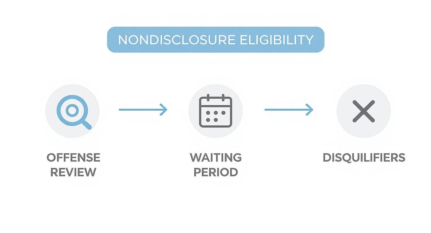 Nondisclosure eligibility infographic illustrating offense review, waiting period, and disqualifiers for sealing criminal records in Texas.