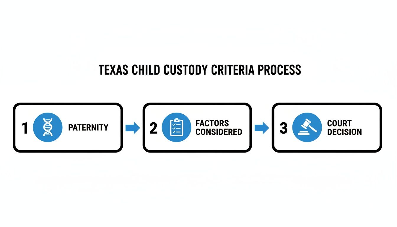A flowchart detailing the Texas child custody criteria process, including paternity, factors considered, and court decision.