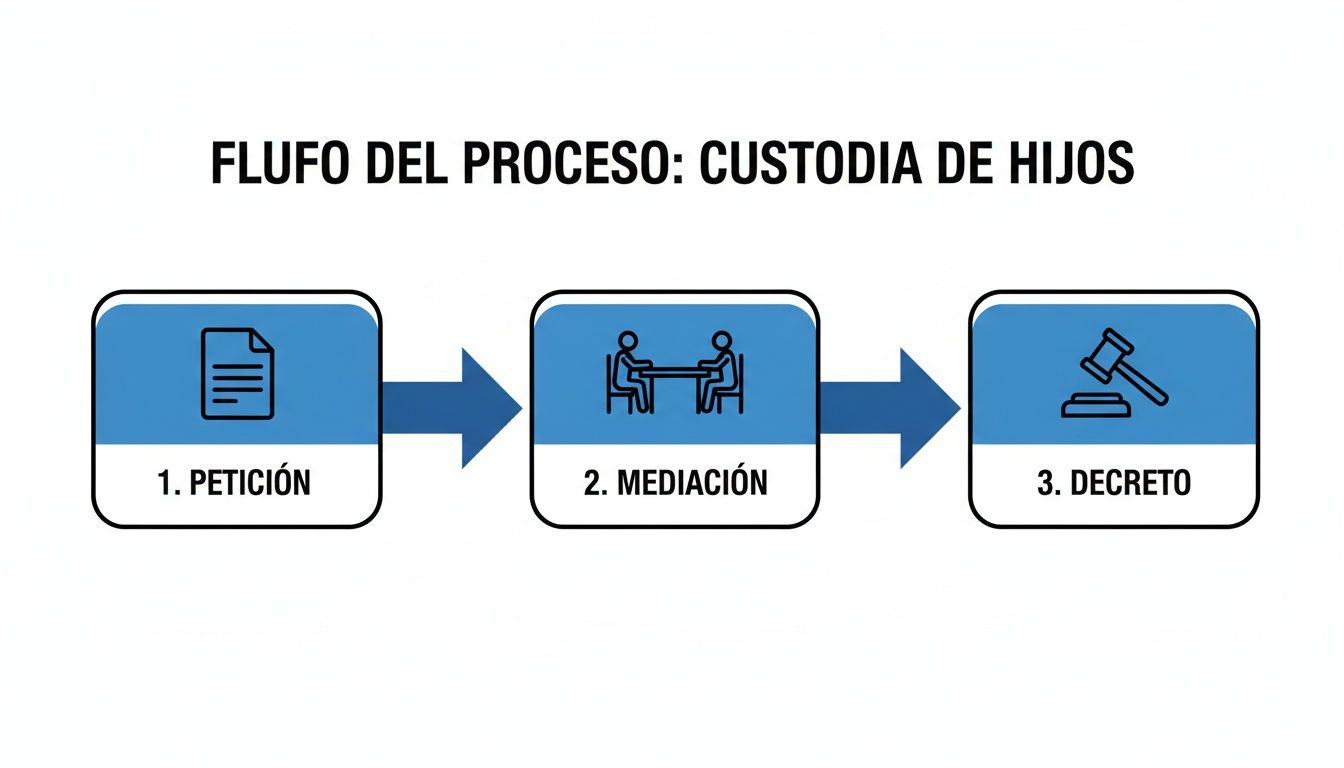 Flujograma del proceso de custodia de hijos en tres pasos: petición, mediación y decreto legal.