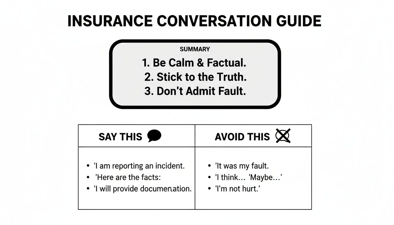 An insurance conversation guide detailing what to say and avoid after an incident.
