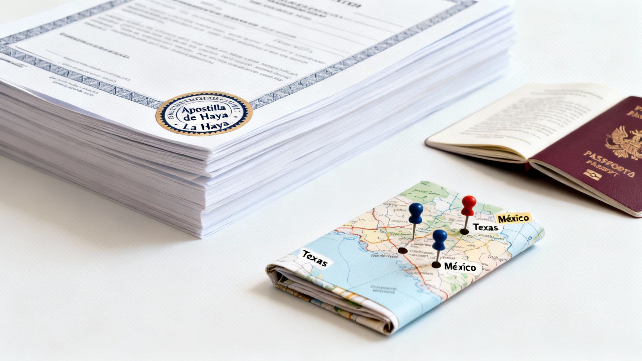 Documentos apostillados de La Haya, pasaporte abierto y mapa con pines de Texas y México.