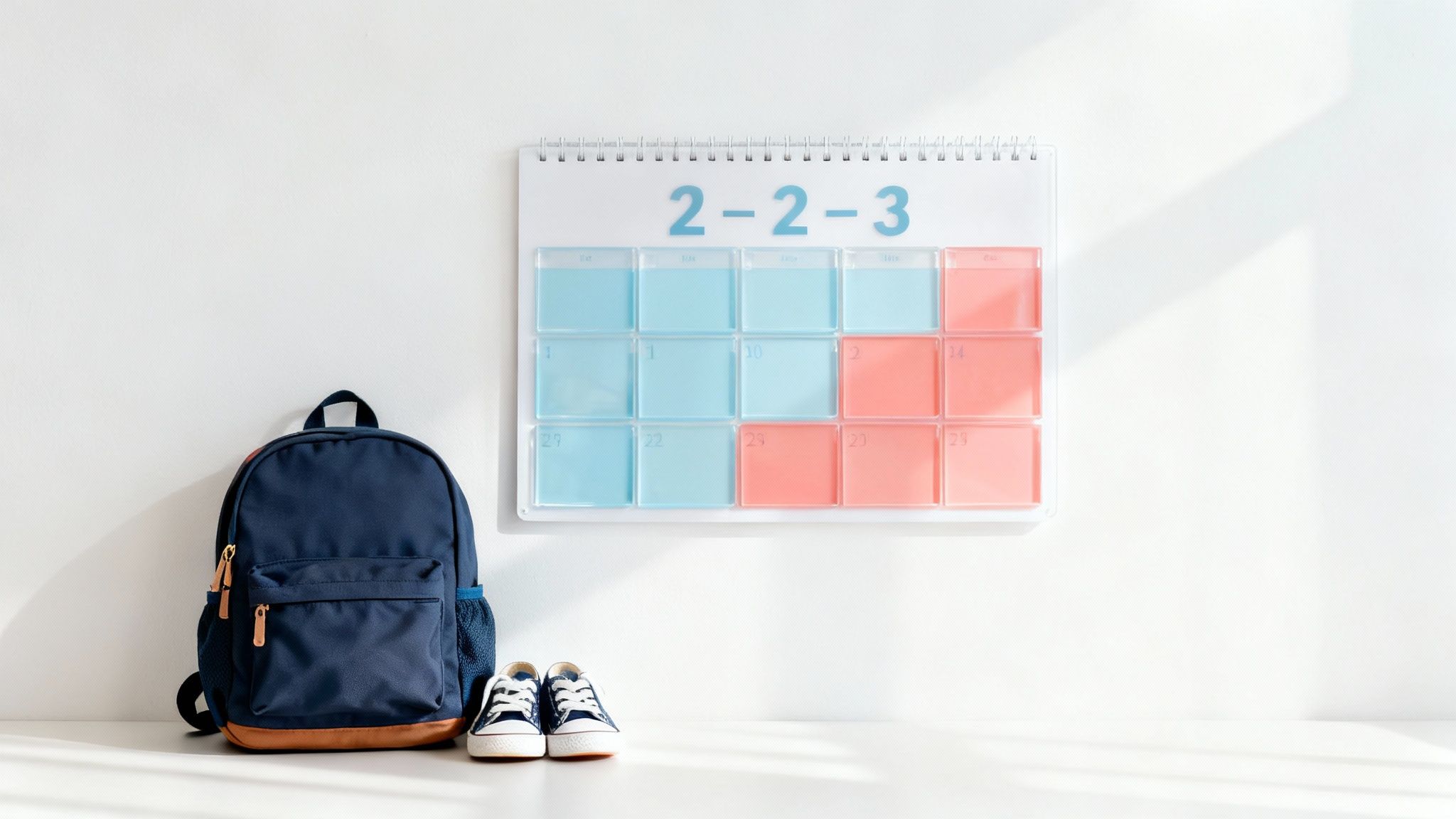 A blue backpack, small shoes, and a calendar displaying dates for a school schedule.