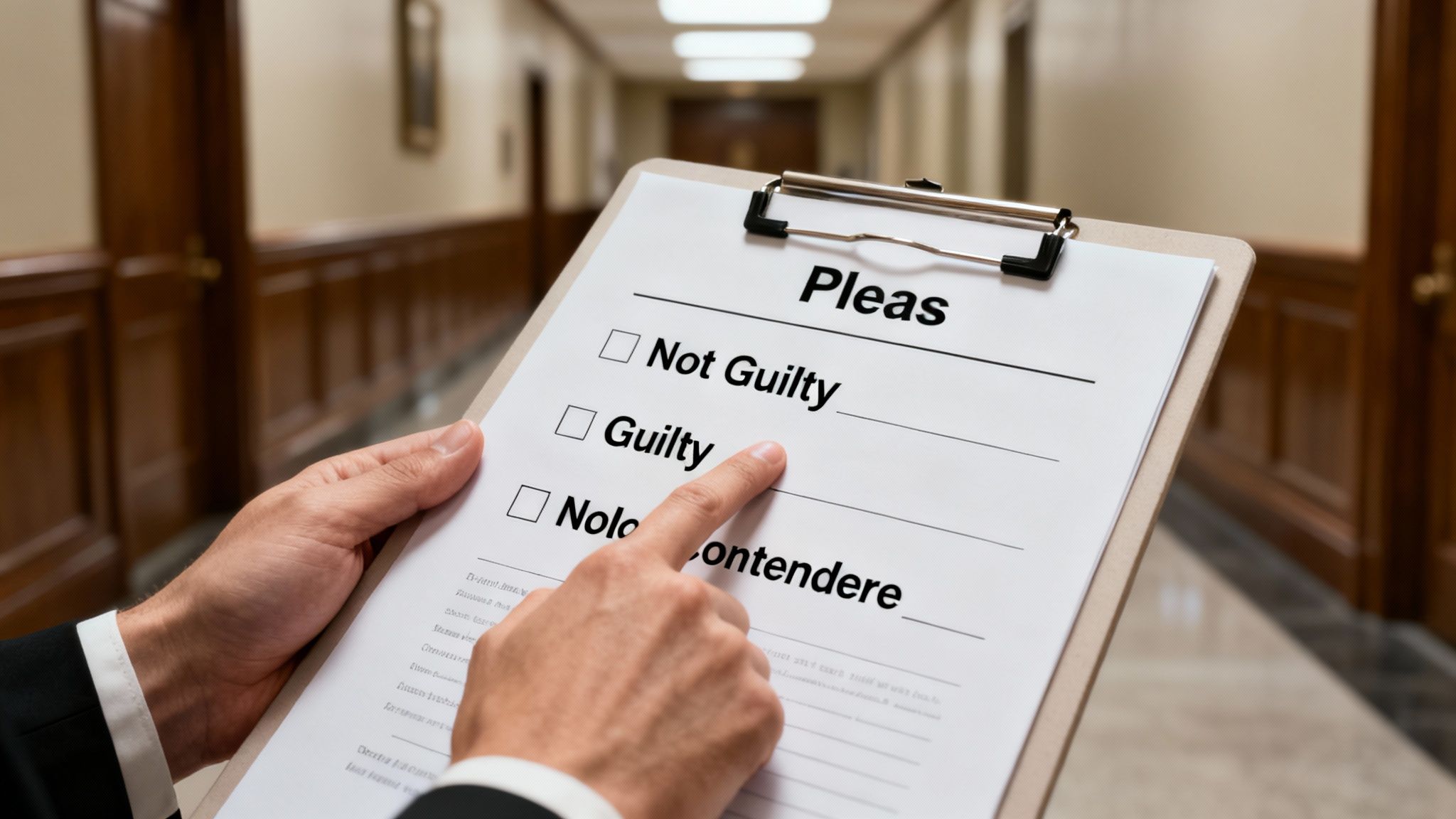 A person's hand points to 'Guilty' on a legal pleas form during an arraignment hearing.