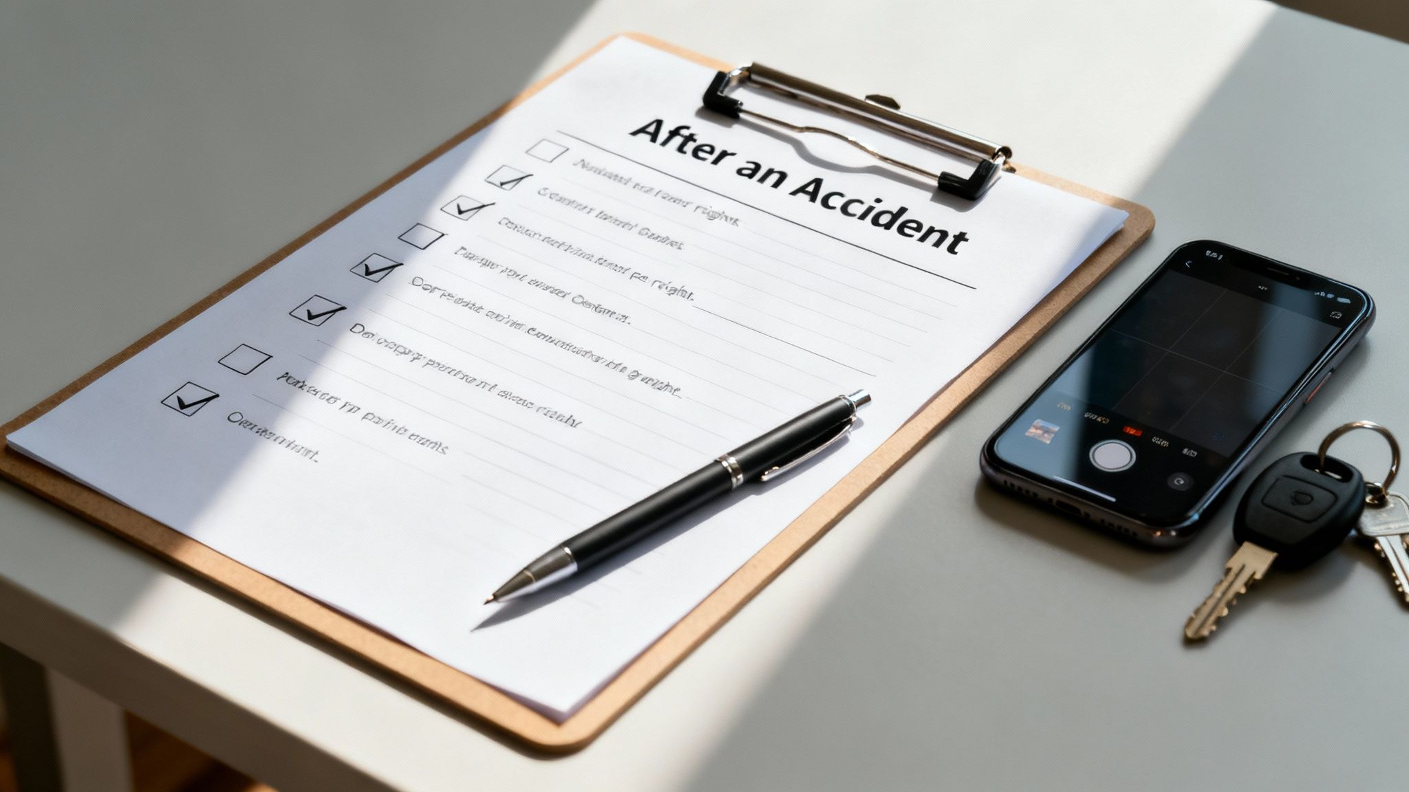 A checklist titled 'After an Accident' with a pen, smartphone, and car keys on a desk.