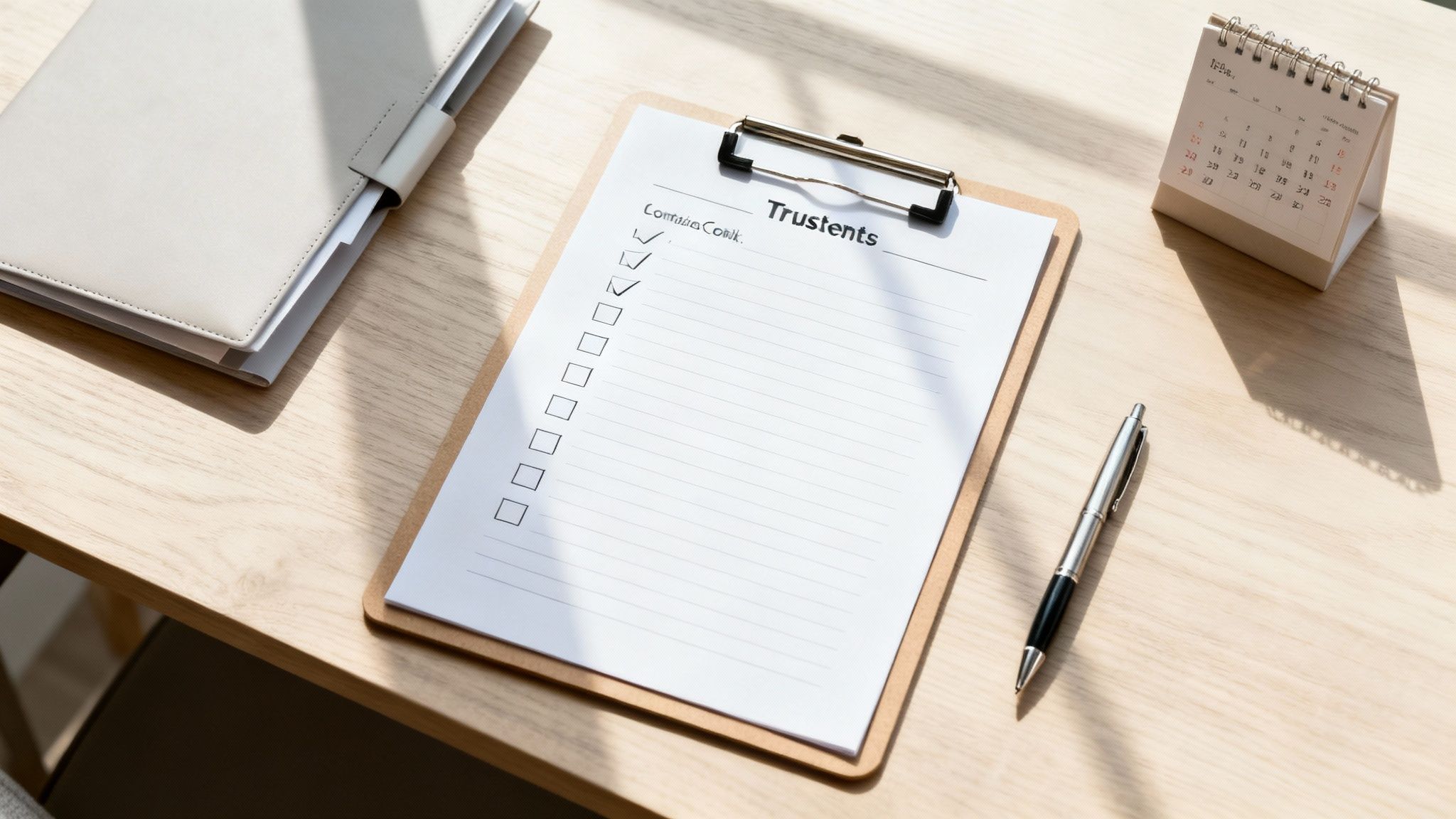 Overhead shot of a neat light wooden desk with a clipboard, pen, folder, and calendar.