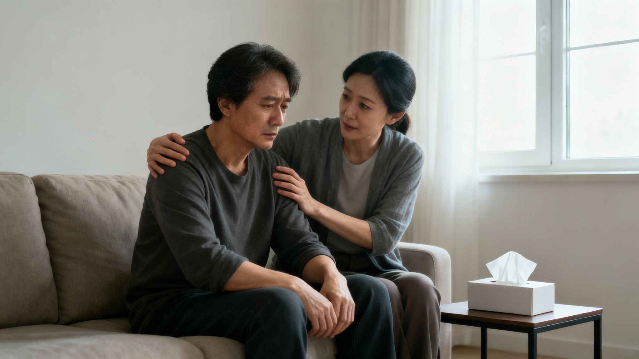 A person sitting alone, reflecting in a quiet, sunlit room.