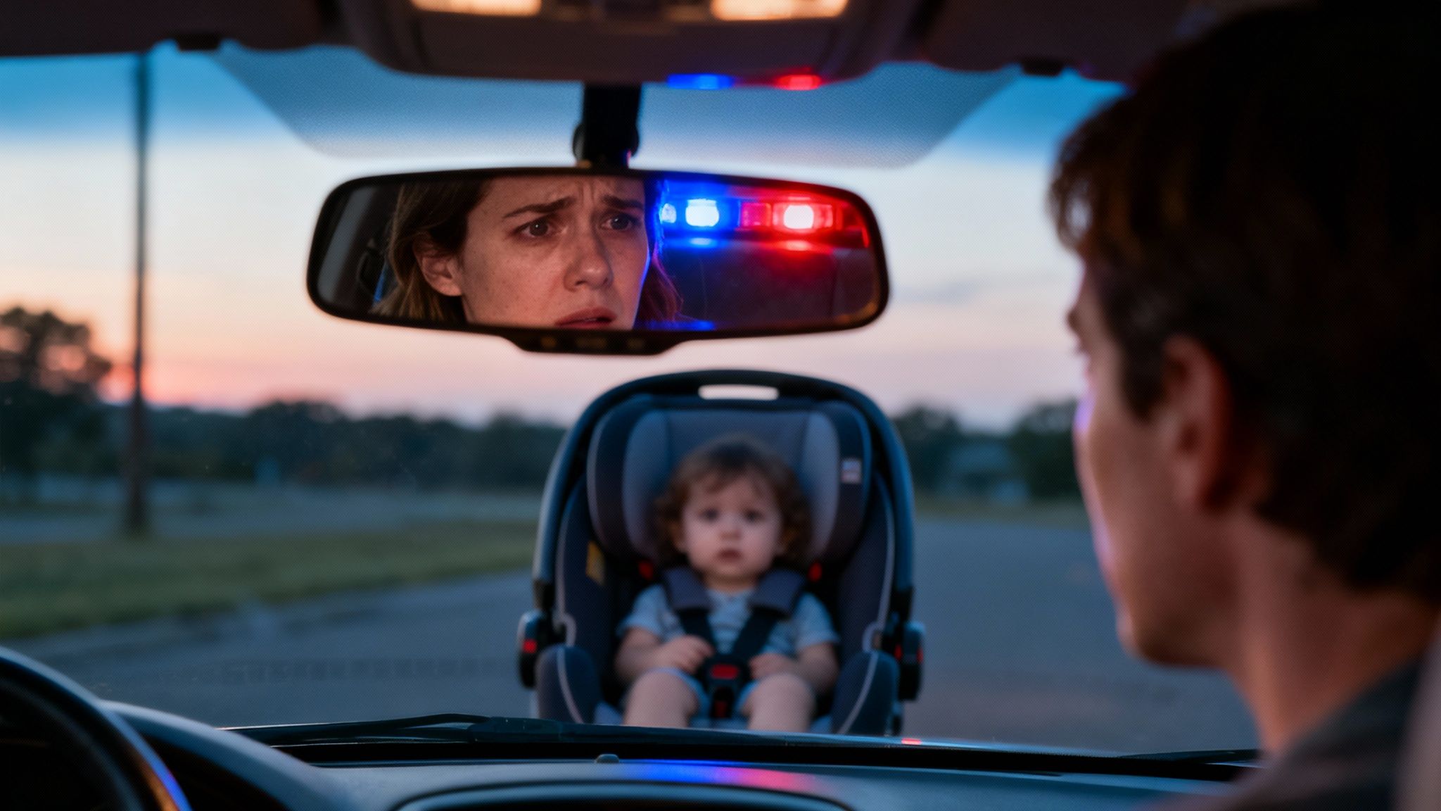 A distressed woman's reflection in a car's rearview mirror, with police lights flashing and a baby in the back seat.