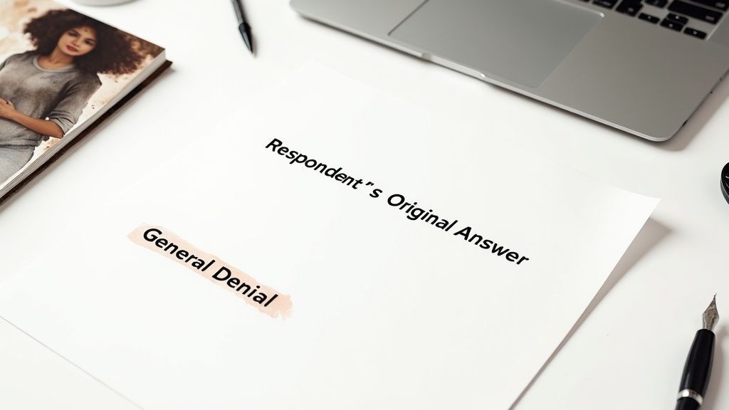 Respondent's Original Answer document with "General Denial" highlighted, alongside a laptop and a notebook featuring a woman on the cover, illustrating legal response preparation for divorce proceedings.