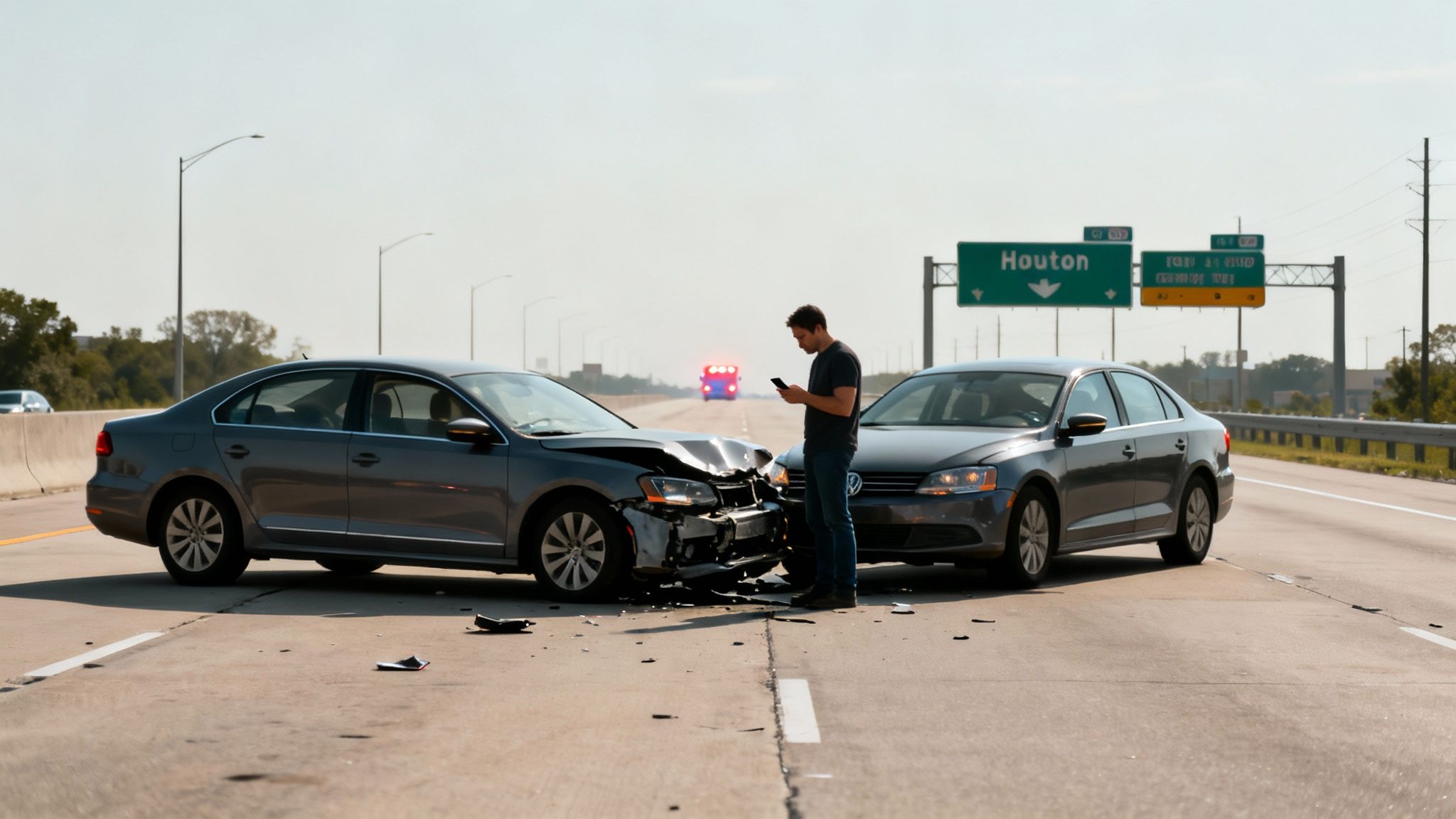 A man uses his phone after a two-car accident on a highway with an emergency vehicle in the background.