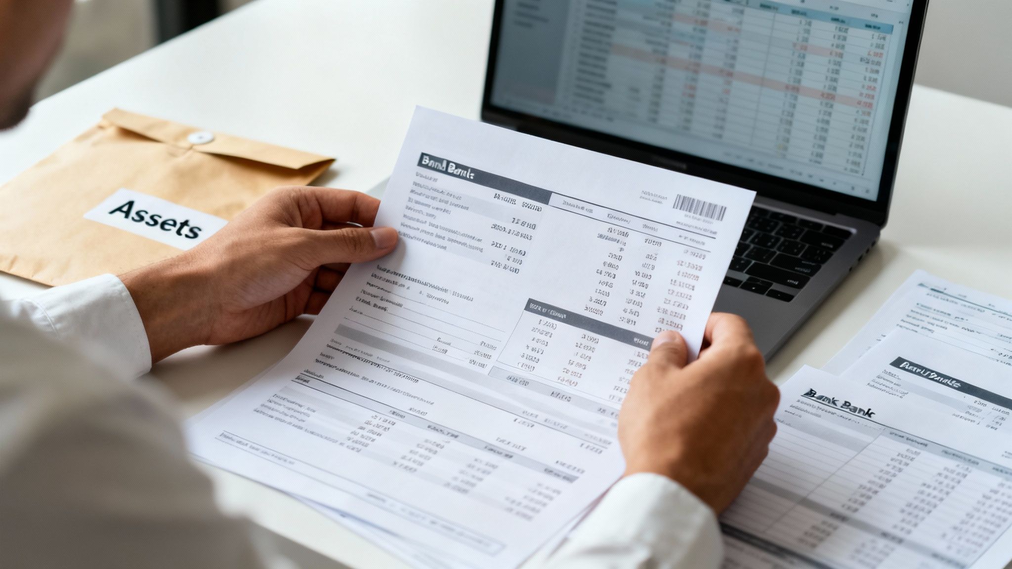A person reviews financial documents and bank statements at a desk with a laptop showing data, next to an envelope labeled 'Assets'.