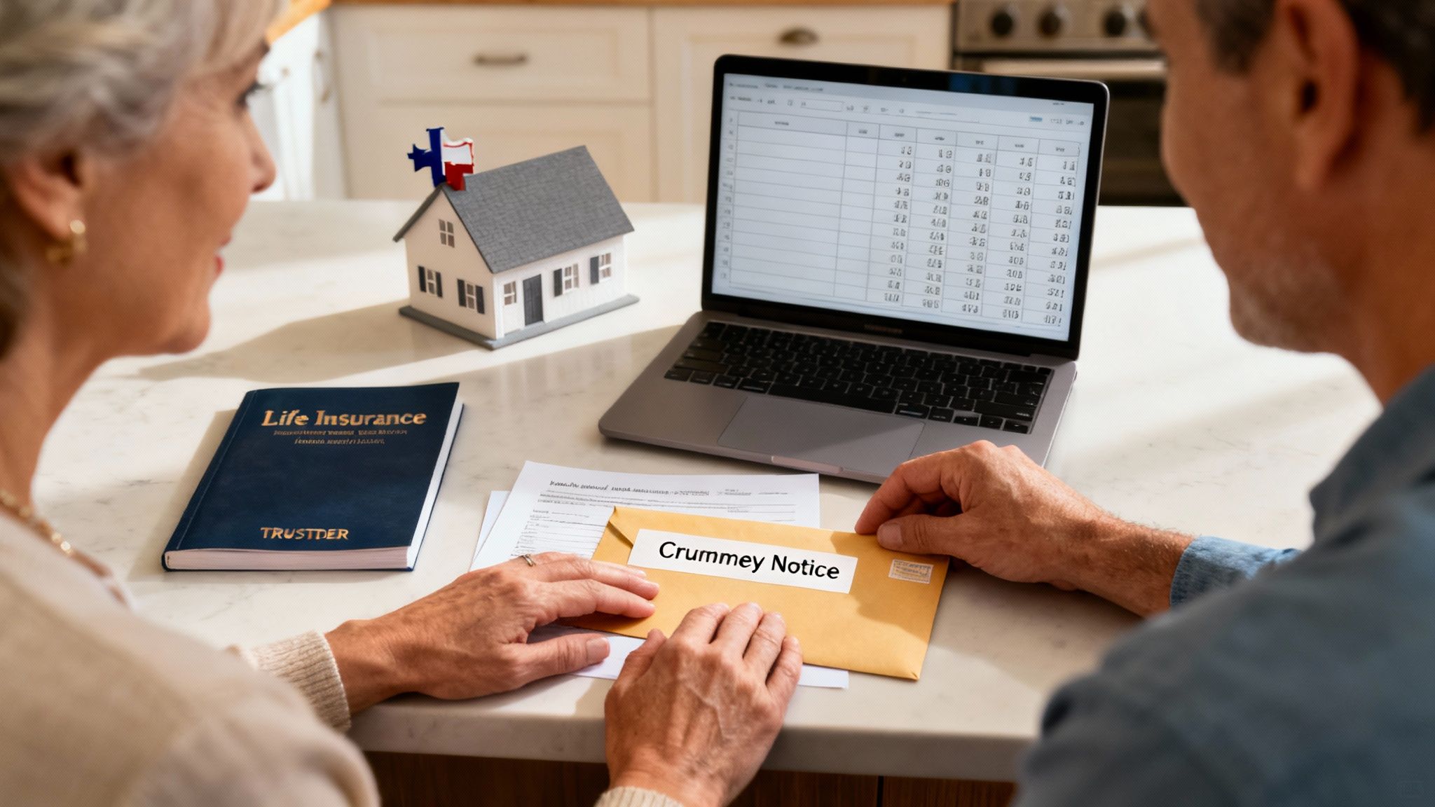 An older couple discusses financial planning, holding a 'Crummey Notice' envelope, with a laptop and 'Life Insurance' book.