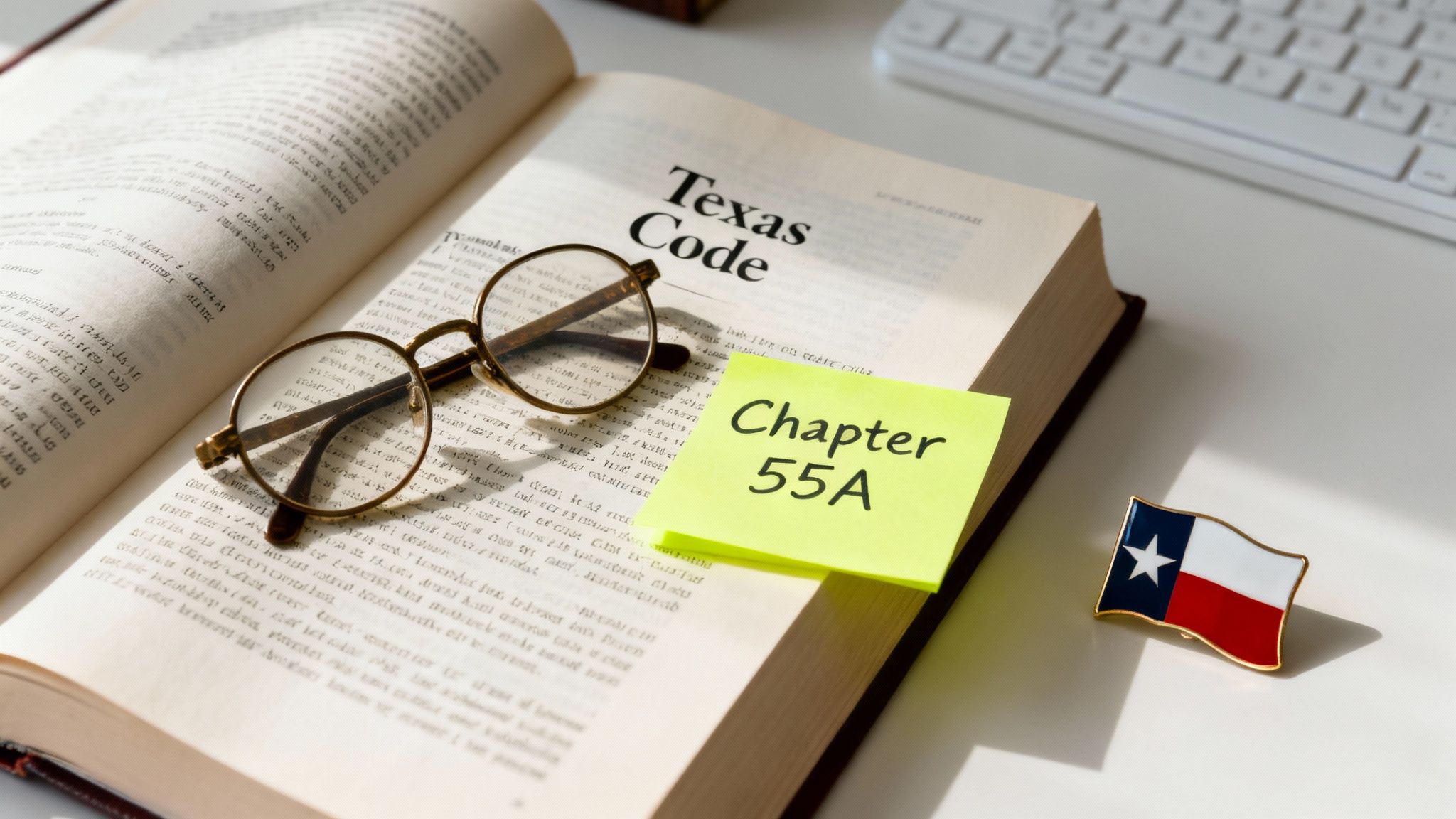 Open book displaying Texas Code with glasses and sticky note labeled "Chapter 55A," alongside a Texas flag pin, symbolizing recent legal changes in expungement laws in Texas.