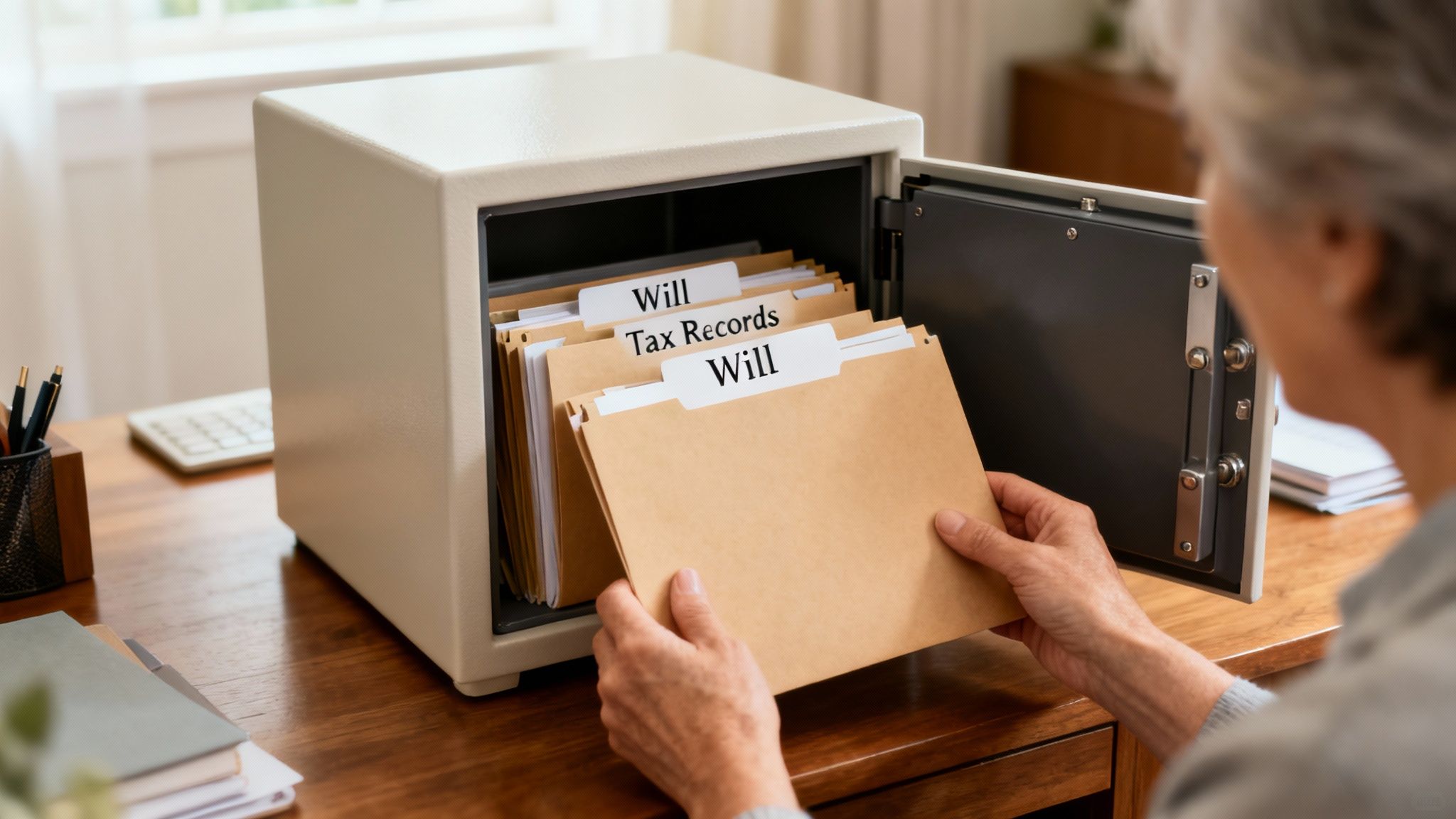 An older person places a file labeled 'Will' into a small home safe containing important documents.
