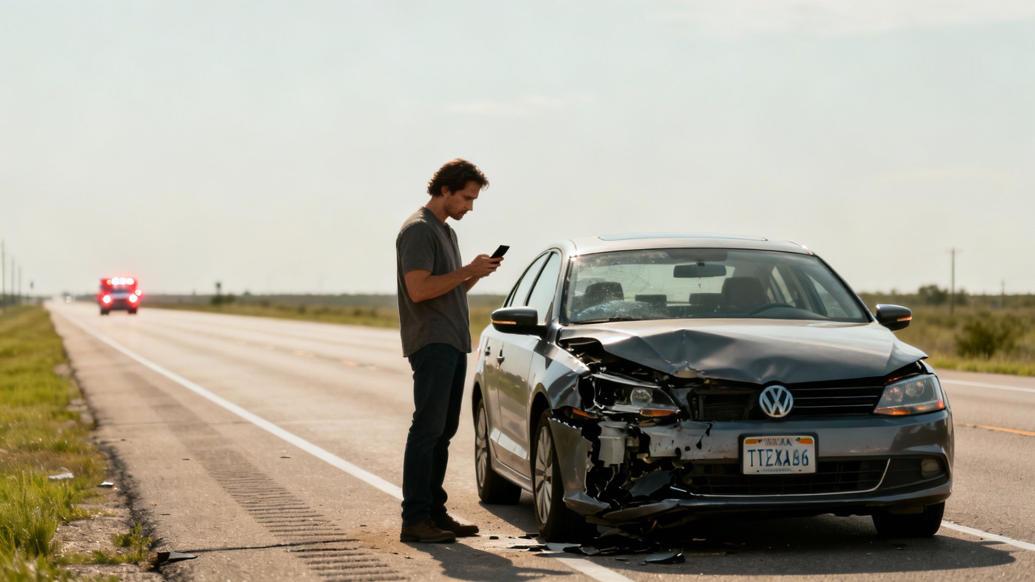 Man using phone beside a crashed car on the road, with an ambulance approaching.