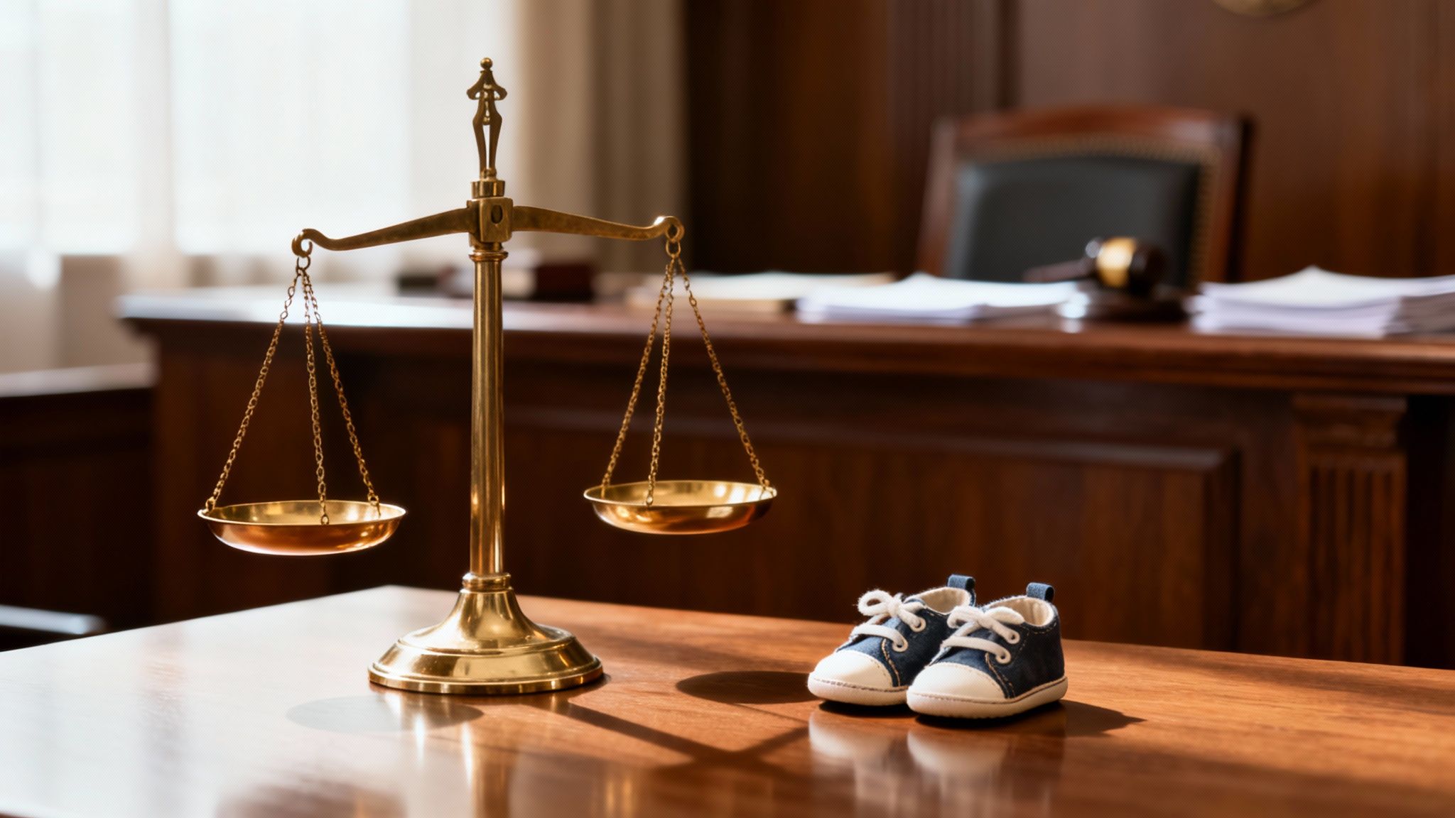 Golden scales of justice and tiny blue baby shoes on a polished wooden table in a legal setting.