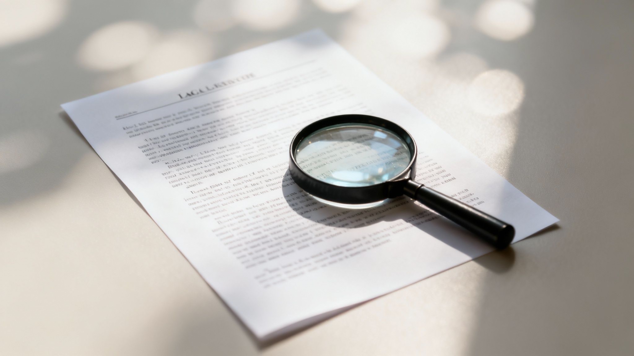 A magnifying glass rests on a formal document with text, suggesting legal scrutiny and review.