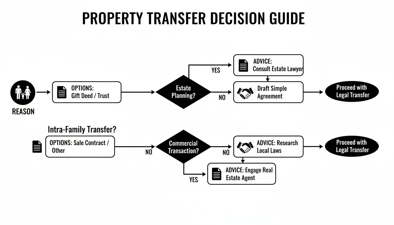 A flowchart decision guide outlining steps for property transfer, including estate planning and transactions.