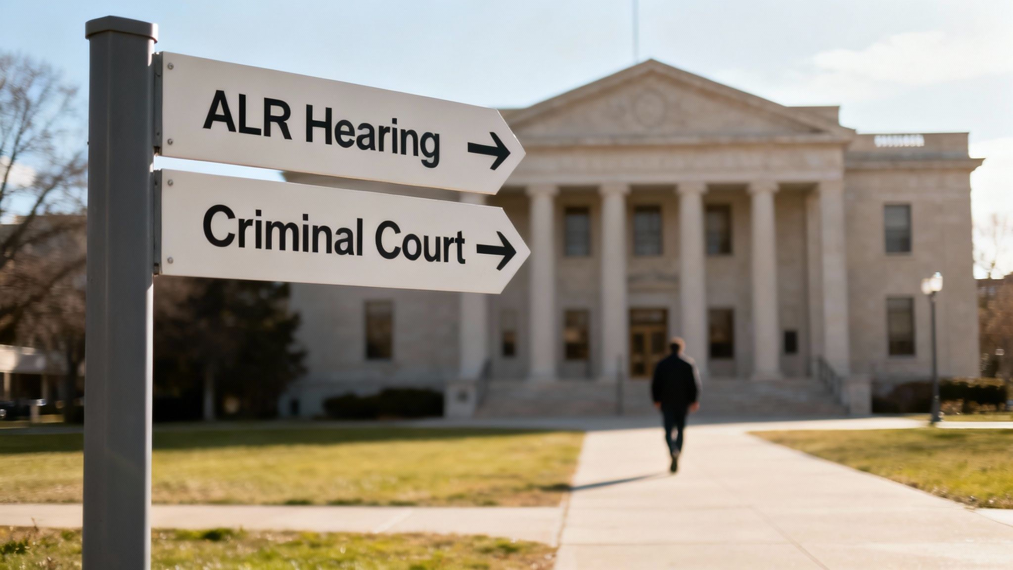 Signpost indicating directions to ALR Hearing and Criminal Court outside a courthouse, symbolizing legal processes related to DWI cases in Texas.