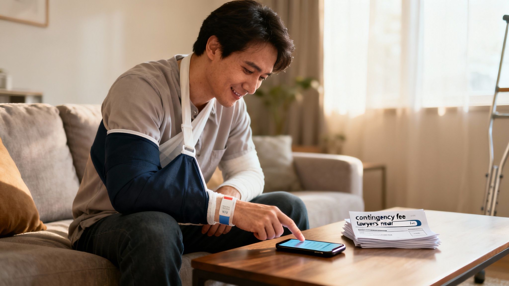 An injured man with an arm sling smiles while searching 'contingency fee lawyers' on his smartphone.