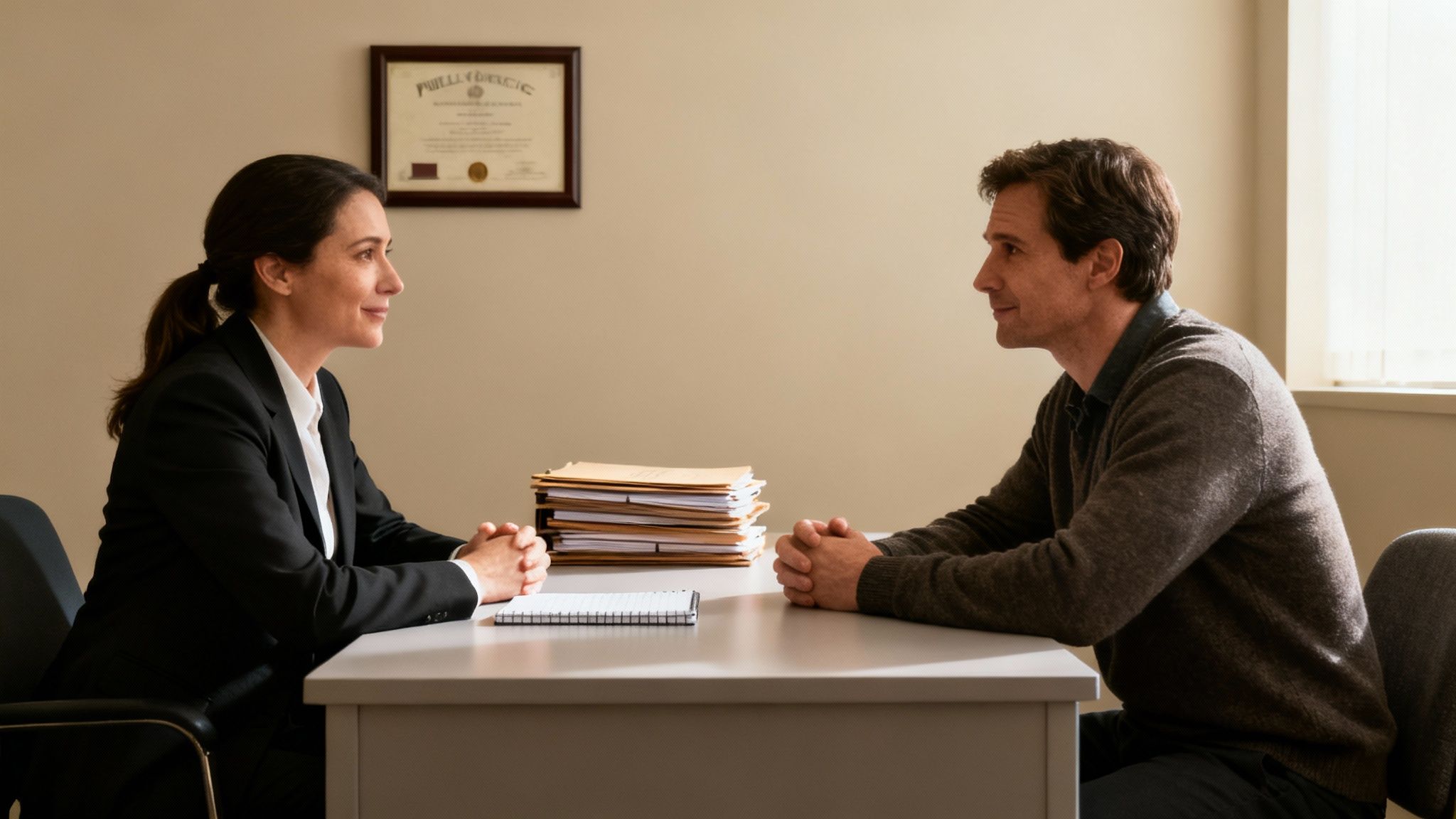A professional woman in a suit consults with a man across a desk with legal documents.