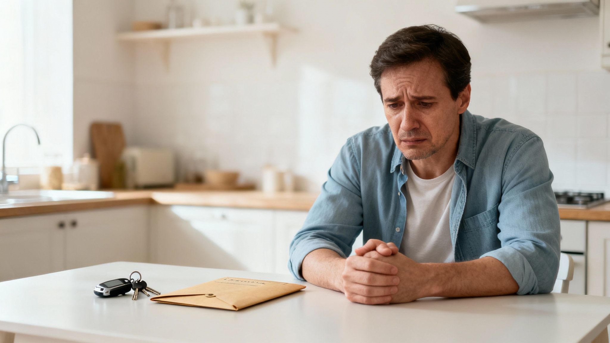Man sitting at a kitchen table, looking distressed, with car keys and a legal envelope, reflecting the emotional impact of intoxication manslaughter charges.