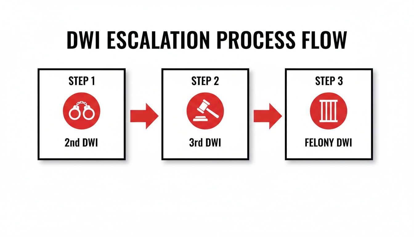 DWI escalation process flow chart illustrating the progression from 2nd DWI to 3rd DWI and ultimately to felony DWI, highlighting legal consequences in Texas.