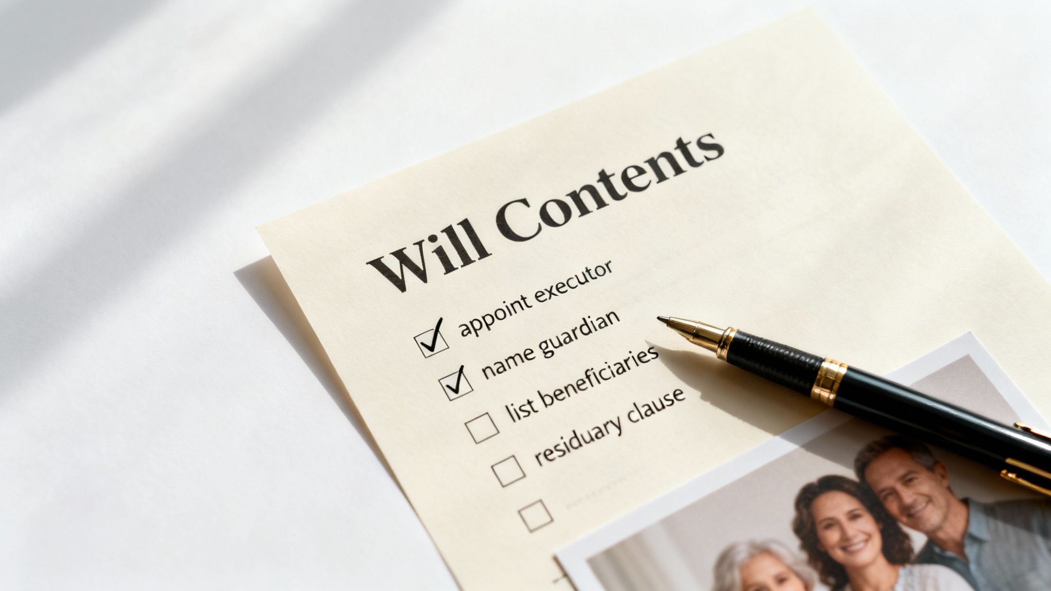 Will contents checklist with checked items for appointing an executor, naming a guardian, and listing beneficiaries, alongside a pen and a family photo.