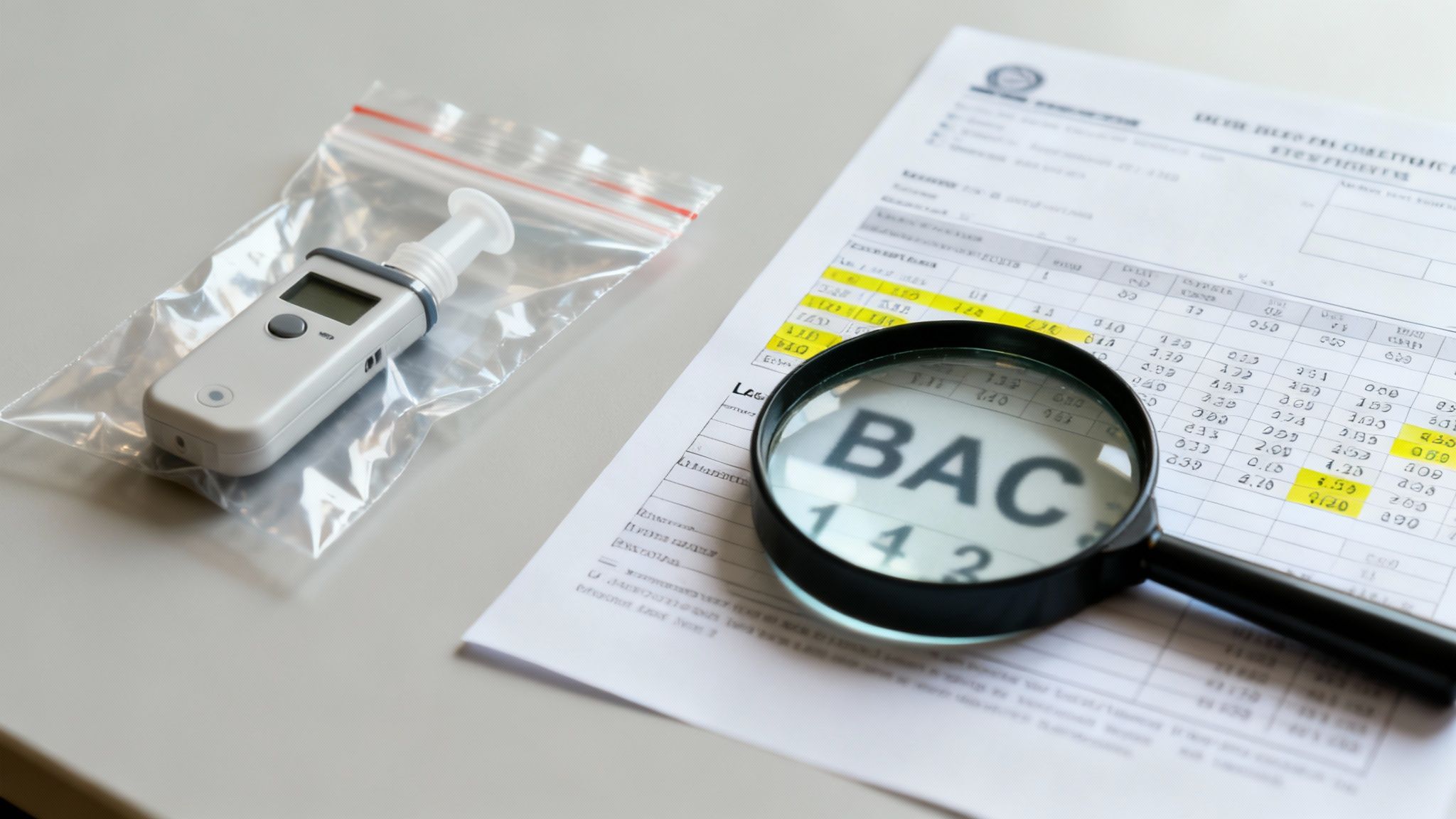 Breathalyzer device in a bag alongside a report showing blood alcohol concentration (BAC) levels, highlighting DWI defense strategies in Texas.