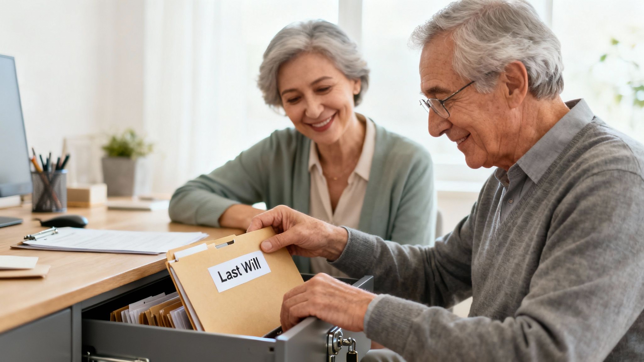 An elderly couple smiles while reviewing a folder labeled "Last Will" from a drawer.