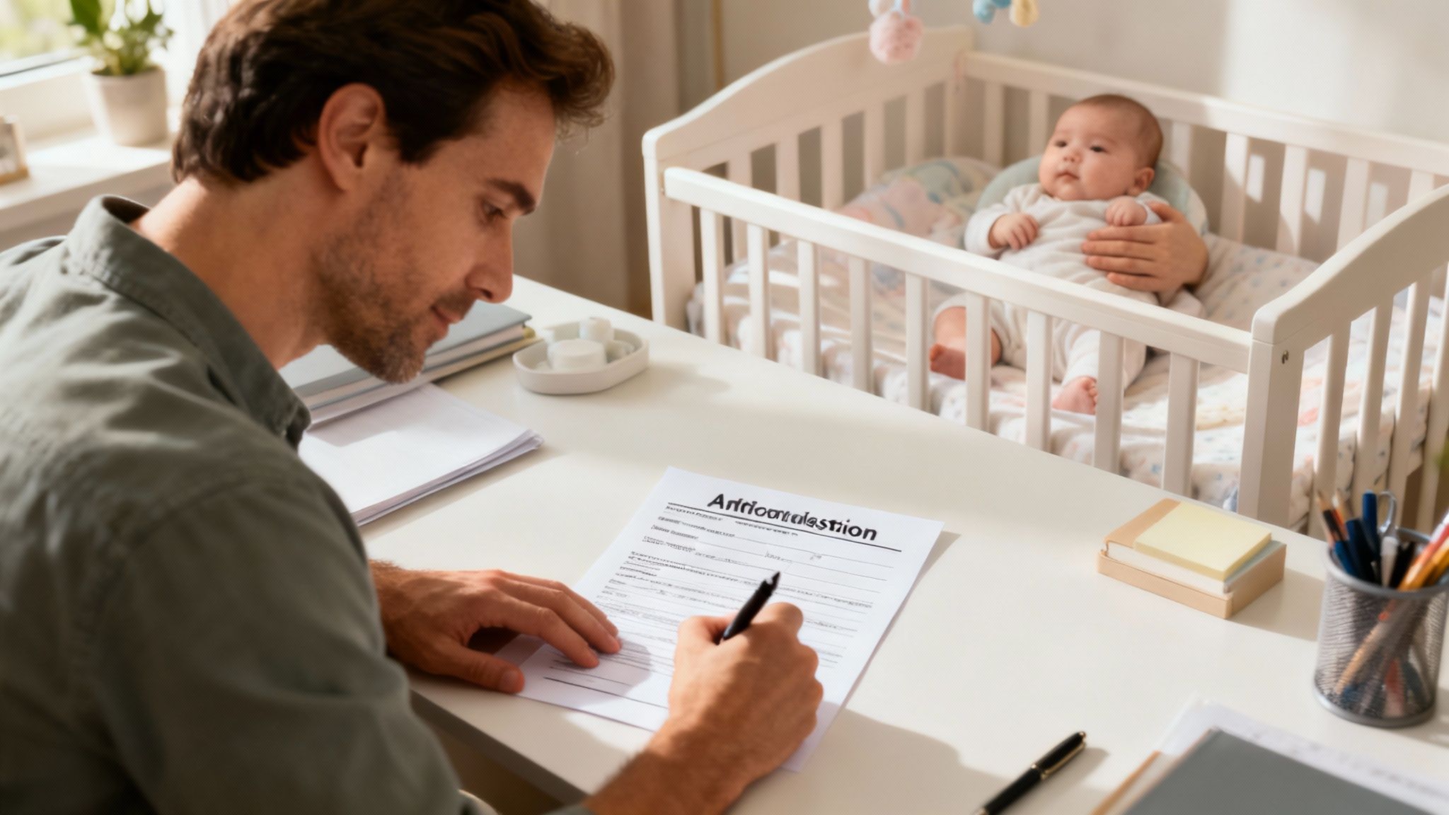 A father holds his young child's hand while reviewing legal documents.
