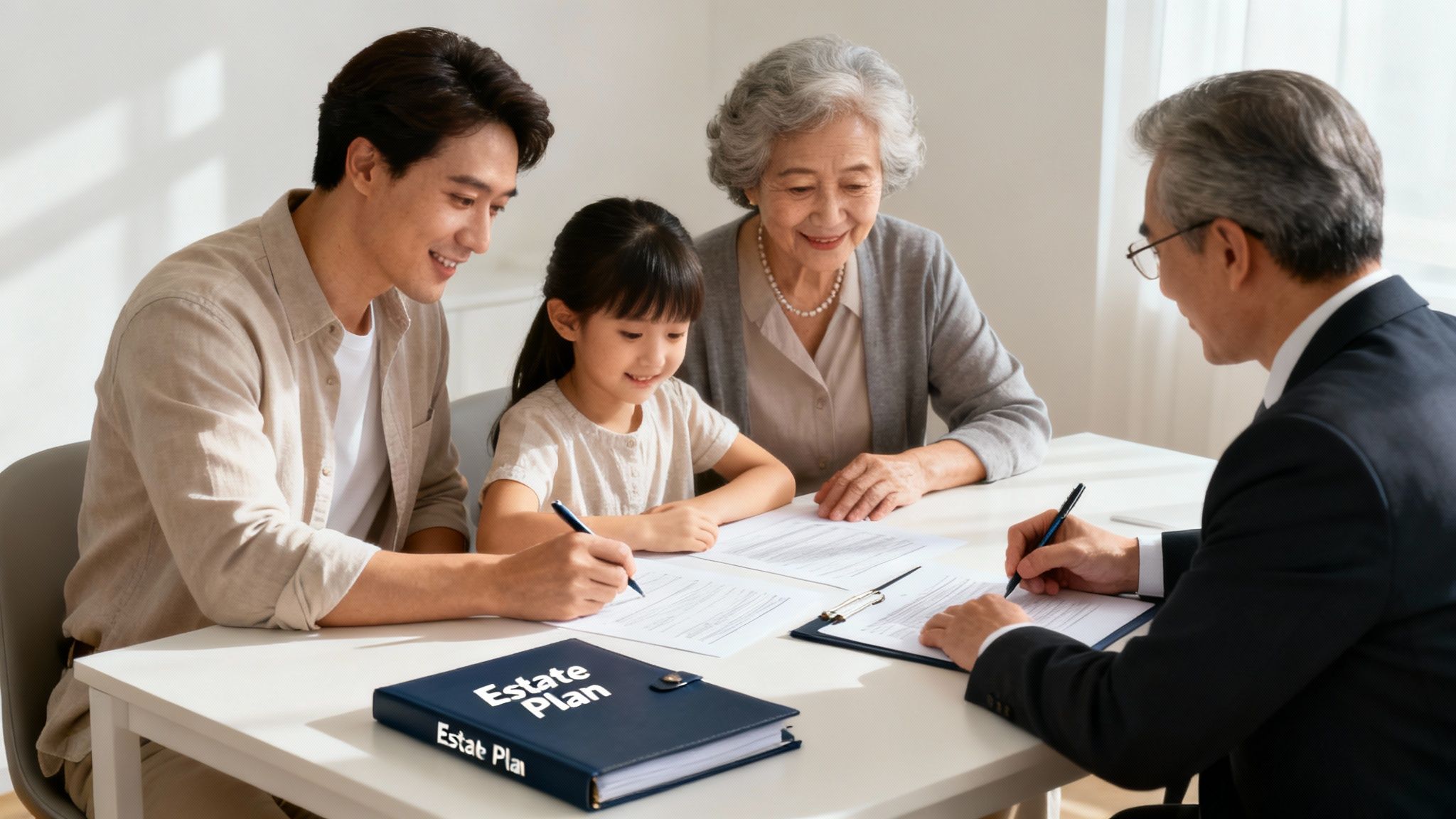 A family and their elder law attorney reviewing documents together